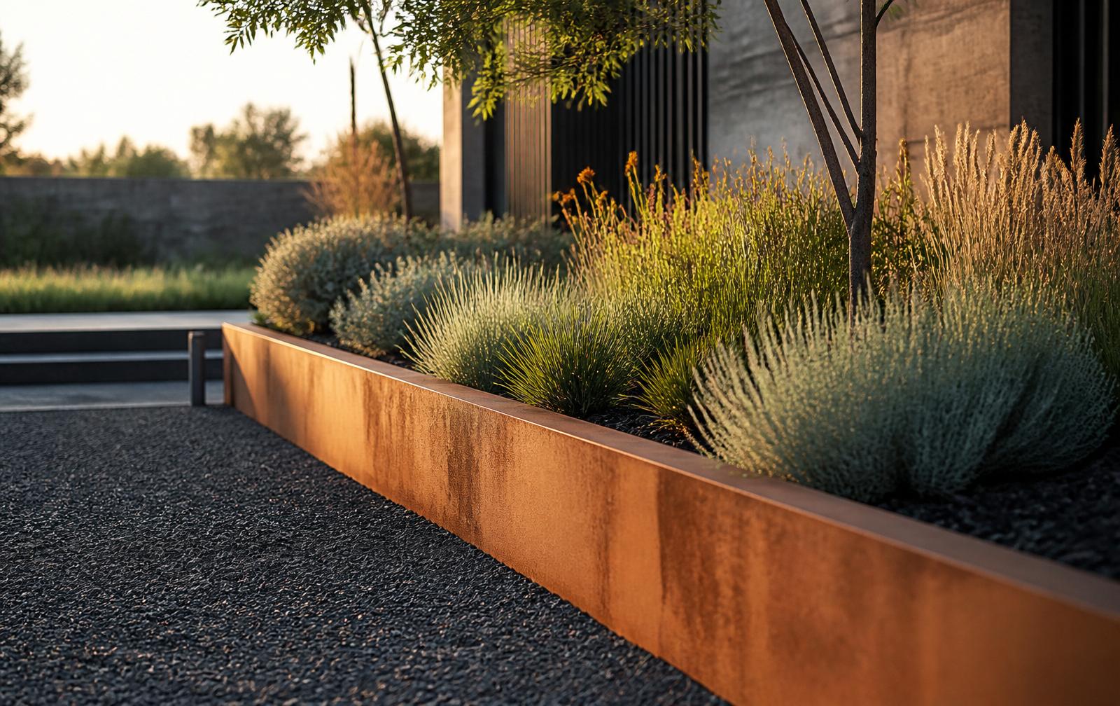 Corten steel garden edging with native planting