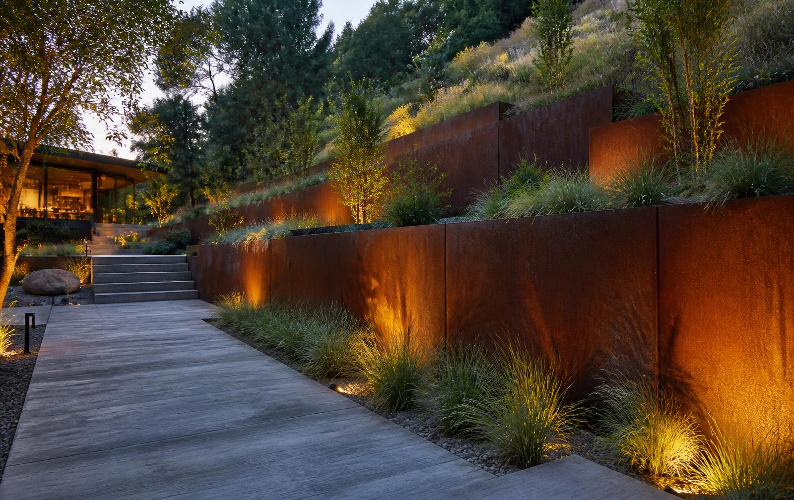 Terraced Corten retaining walls on hillside residence